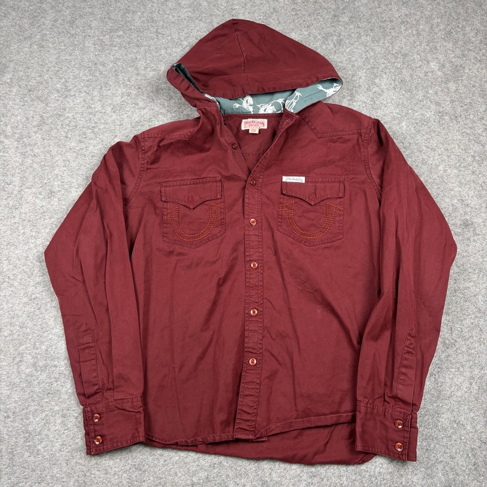 Y2K True Religion Hooded Western Shirt Mens Large Maroon Skater Grunge Surf‎ 00s